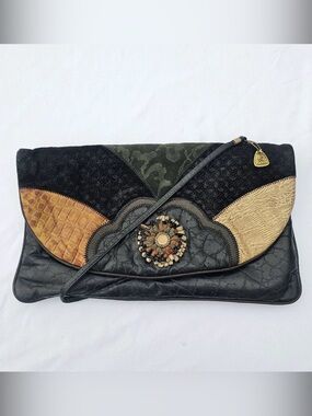 Vtg 80s Boho Patchwork Leather Crossbody Floral Applique Whimsigoth Artsy Indie